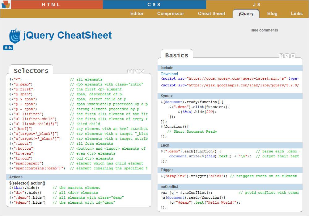 Online jQuery Cheat Sheet