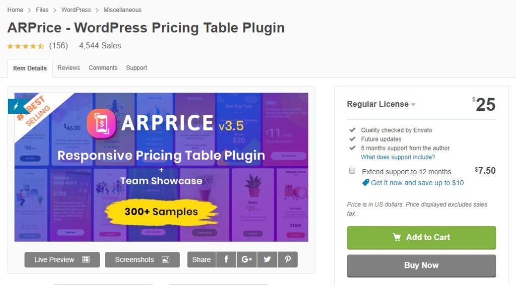 arprice wordpress pricing table plugin