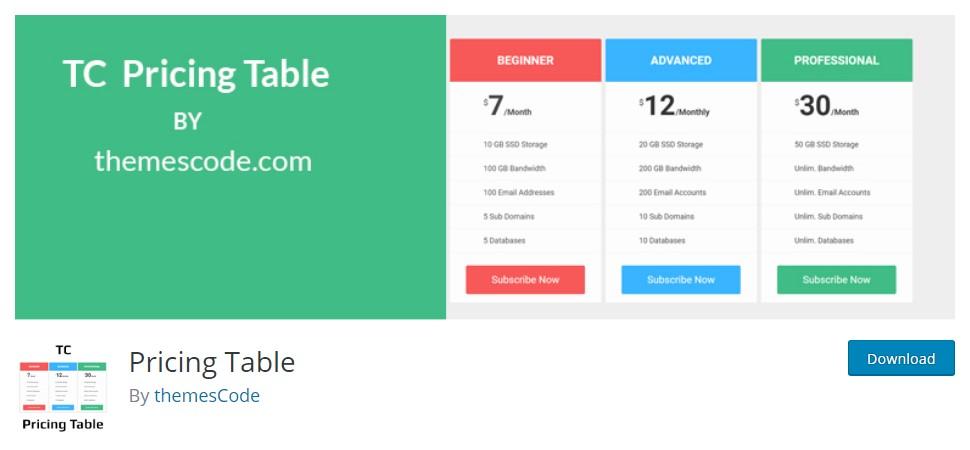 pricing table by themescode